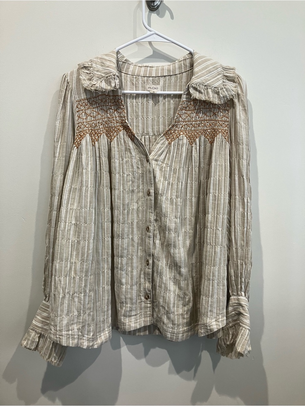 Anthropologie Pilcro Victorian Buttondown Smocked Striped Balloon Sleeves Top